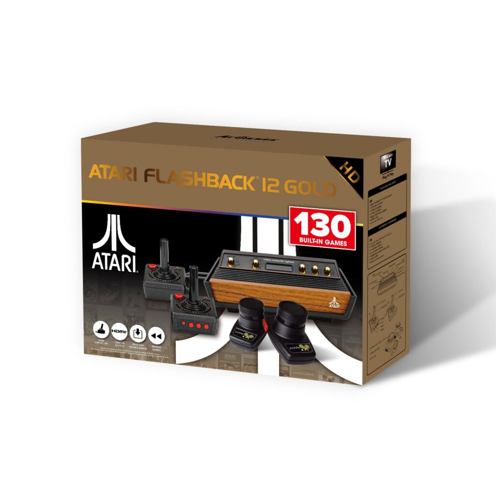 Atari Flashback 12 Gold console box with joysticks and paddles
